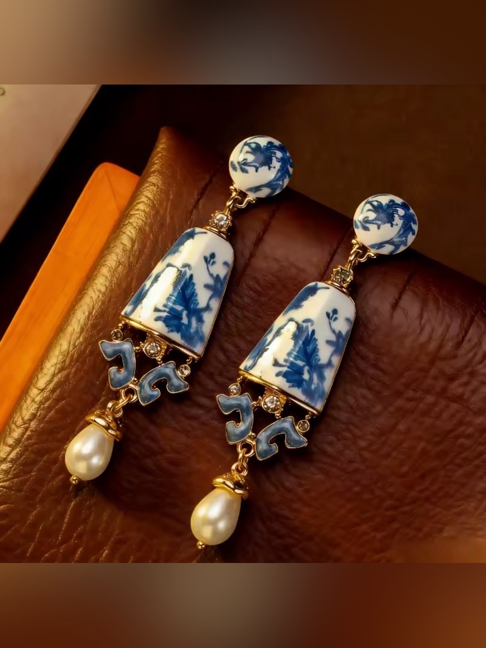 Vintage Blue and White Porcelain Drop Earrings with Pearl